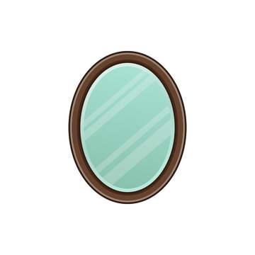 Oval mirror in wooden frame. Icon in line art flat design. Vector illustration. Isolated on white background.