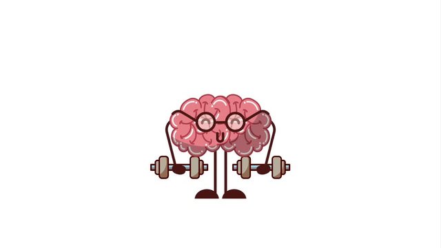 kawaii strong brain with glasses lifting weight animation