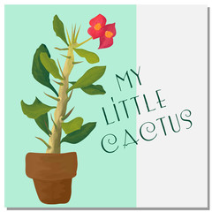 Obraz premium Little beatiful cactus tree in pot. Cactus blossom with two red flower. Cute cactus postcard. Object with transparent. EPS 10.