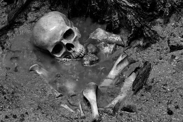 Skull and bones in pit which has flood in raining day on scary graveyard area