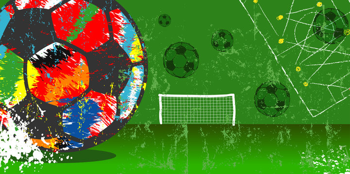 Grungy soccer or football illustration, vector with multicolored soccer ball, free copy space