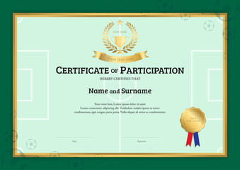 Certificate template in football sport theme with green field border frame, Diploma design