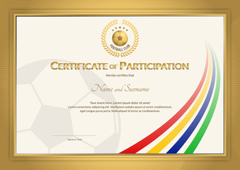 Certificate template in football sport color stripe theme with gold border frame, Diploma design