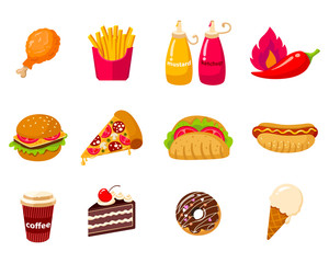 Set of Vector icon illustration of fast food with burger, hot dog, sandwiches, hamburger, coffee, pizza, French fries, donuts, chicken isolated, ice cream on white background.