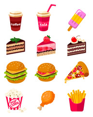 Set of vector icon illustration of fast food with pop corn, ice cream, burger, cola, sandwiches, hamburger, coffee, pizza, French fries, cake, chicken isolated on white background.