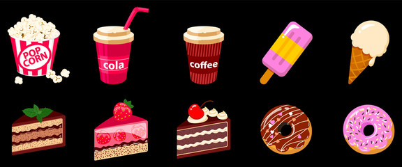 Set of Vector icon illustration of sweet dessert with pop corn, cake, ice cream, coffee, donuts, isolated on black background.