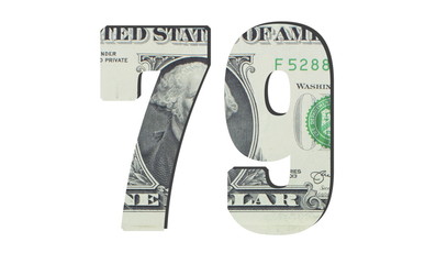 79 Number. American dollar banknotes. Money texture. Isolated on white background