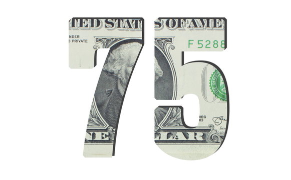  75 Number. American dollar banknotes. Money texture. Isolated on white background