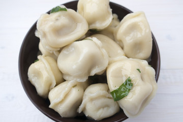 Appetizing traditional Russian dumplings with meat close-up