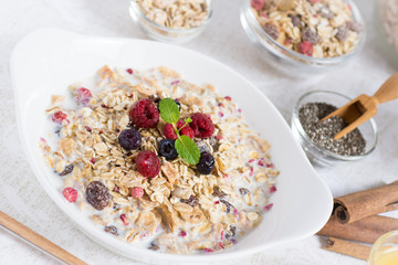 Sunny Morning with Healthy Breakfast. Muesli With Milk, Chia Seeds, Berries and Cinnamon.