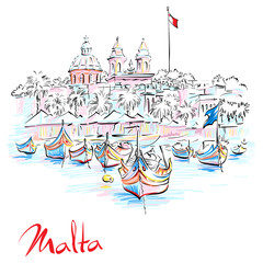 Fototapeta premium Wektor rysunek ręka tradycyjnych eyed kolorowe łodzie Luzzu i kościół w porcie śródziemnomorskiej wioski rybackiej Marsaxlokk, Malta