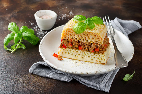 Pastitsio casserole with pasta and minced meat