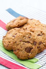 Chocolate oatmeal cookies on the  wooden background.