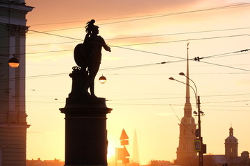 Fototapeta premium Monument to the commander Alexander Suvorov on the Champ de Mars,or Field of Mars or Marsovo Polye. Established in 1801. Silhouette at sunset. St. Petersburg. Russia