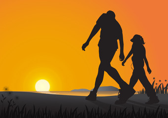 Silhouette of couple walking on the beach in the morning on golden sunrise background, health care exercise concept vector illustration