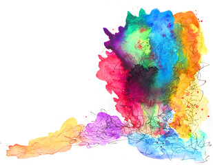 Vibrant Rainbow Expressionist Watercolour Abstract paint and Black Ink Pen for background