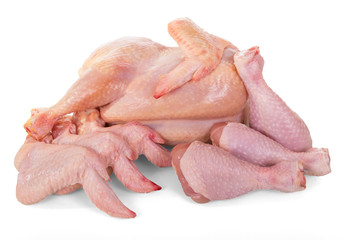 Fresh meat, chicken carcass, thighs and wings isolated on white