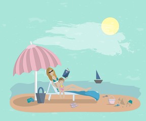 Vector illustration of young mother with her baby on the beach. summer background
