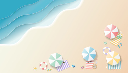 Summer background paper art style. Top view with umbrella, sunglasses, hat, starfish, camera, flip flop, lifebuoy, flower on beach background. Season vacation, weekend.