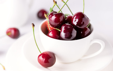 Fresh and Beautiful Cherry in a White Cup Ripe Juicy Cherry Close Up White Background