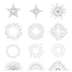 Retro Sunburst Signs Black Thin Line Icon Set. Vector