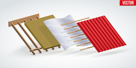 Demonstration of install roof red zinc metal cover in layers. Top view. Vector Illustration isolated on white background.