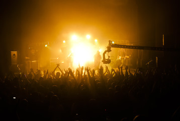 Exulting crowd of people with their hands up in front of the stage during the concert