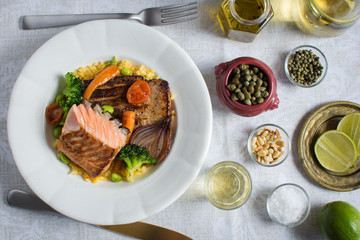 Grilled Salmon Steak with Vegetables on White Plate. Healthy Food.