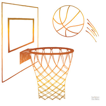 Action vector illustration of basketball going into a hoop. Backboard, hoop, ring, net, kit. Hand drawn sketch. Gradient color on white background