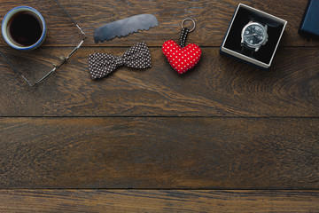 Table top view Happy Fathers day holiday background with travel concept.Flat lay accessories objects on modern rustic brown wooden at home office desk.space for creative design add text and word.