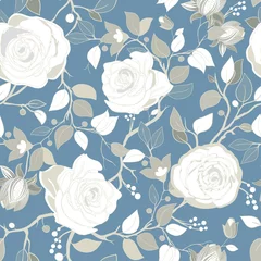 Gardinen Graues Muster mit großen weißen Rosen. Vektortapete mit großen Illustrationsblumen. Handgezeichnete Pflanzen © sunny_lion
