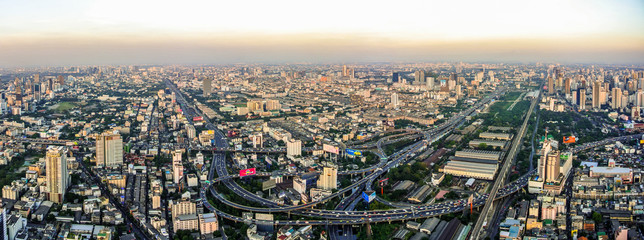 bangkok aerial view with sunset light - obrazy, fototapety, plakaty