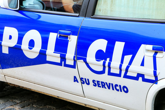 Close-up of police car in Colonia del Sacramento, Uruguay.