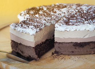 Homemade tiramisu cake on wooden plate background. 