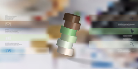 3D illustration infographic template with cylinder horizontally sliced to six parts askew arranged