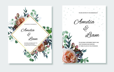 Floral wedding invitation card with herb,rose,succulent,eucalypyus leaves in watercolor style.Botanical set template with gold frame on marble background