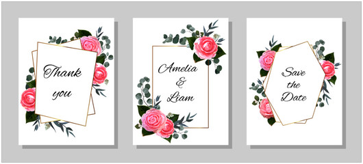 Floral wedding invitation card with herb,camellia,eucalypyus leaves in watercolor style.Botanical set template with gold frame