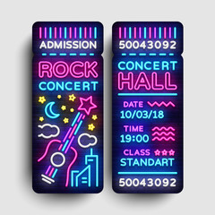 Rock Concert Ticket Design Template in Modern Trend Style. Concert Tickets Vector Illustration, Neon Style, Light Banner, Bright Advertising for Concert, Festival. Nightlife Vector