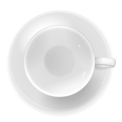 Vector realistic image of a white porcelain cup and saucer, top view. An empty mug for tea or coffee. Vector EPS 10.