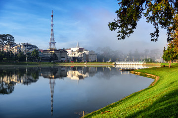 Dalat, Vietnam - May 2, 2018: View from Xuan Huong Lake in the morning. The lake is popular for sightseeing, jogging, strolling and fishing.