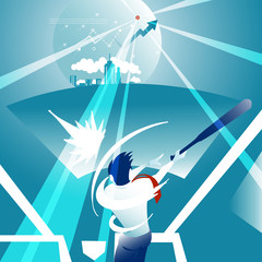 Focus .Business man hit the ball go to home run success on the blue background. Illustration concept vector.