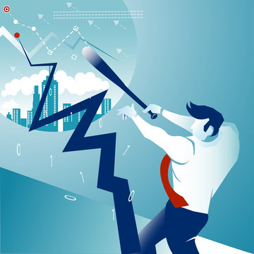 Focus .Business Man Hit The Ball Go To Home Run Success On The Blue Background. Illustration Concept Vector.