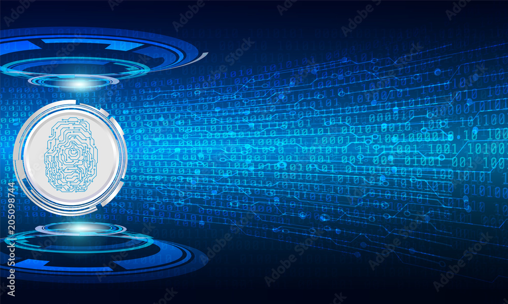 Poster Hi Technology Sci fi Cyber Security Concept Vector Background. Abstract Blue Fingerprint On Gray Gradient Circle Panel With Digital Binary Number Code And Circuit Board Illustration