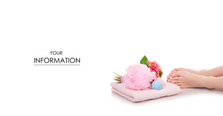 Female feet legs towel flowers bath sponge bubble bath beauty spa pattern