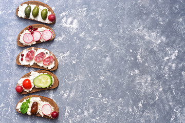 A variety of bruschetta with cheese, sausage and vegetables on a gray background. Top view, space for text.