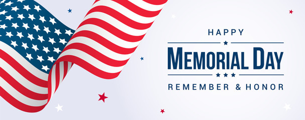 Memorial Day Banner Vector illustration, USA flag waving with stars on bright background. - obrazy, fototapety, plakaty