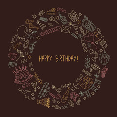 Birthday doodle icpons round frame