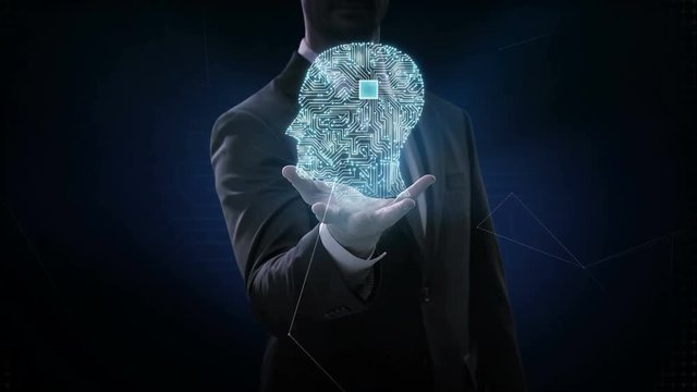 Businessman opens palm, CPU chip connect human head shape, digital brain, grow artificial intelligence, IoT, 4k movie.