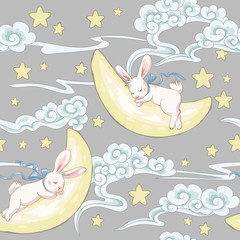  Seamless pattern with cute sleeping bunny on the Moon  