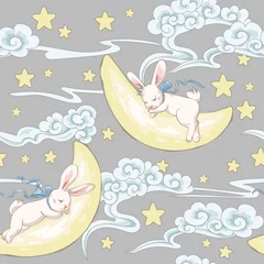 Tapeten Nahtloses Muster mit süßem schlafenden Hasen auf dem Mond © Maria